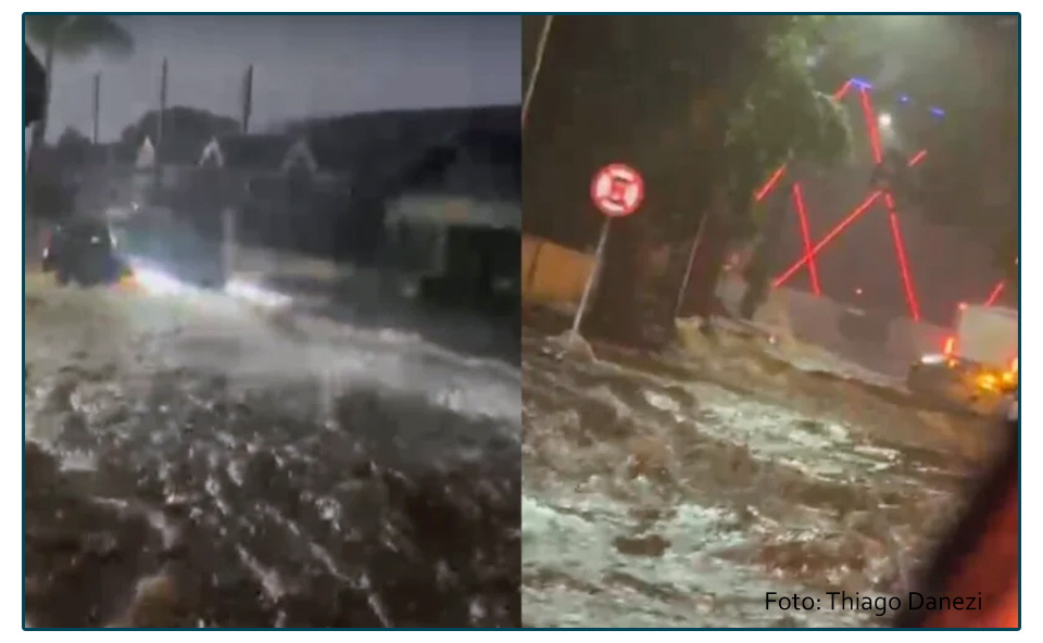 Enxurrada deixa carros ilhados e causa transtornos em Maringá.